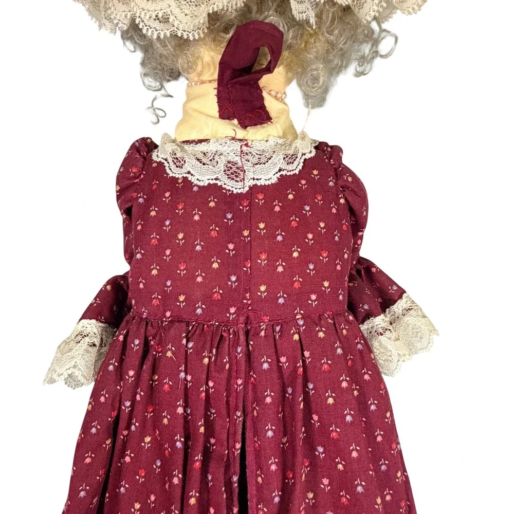 VTG 70s Grandmother Cloth Doll Burgundy Calico Bag Holder Handmade Hanging Decor